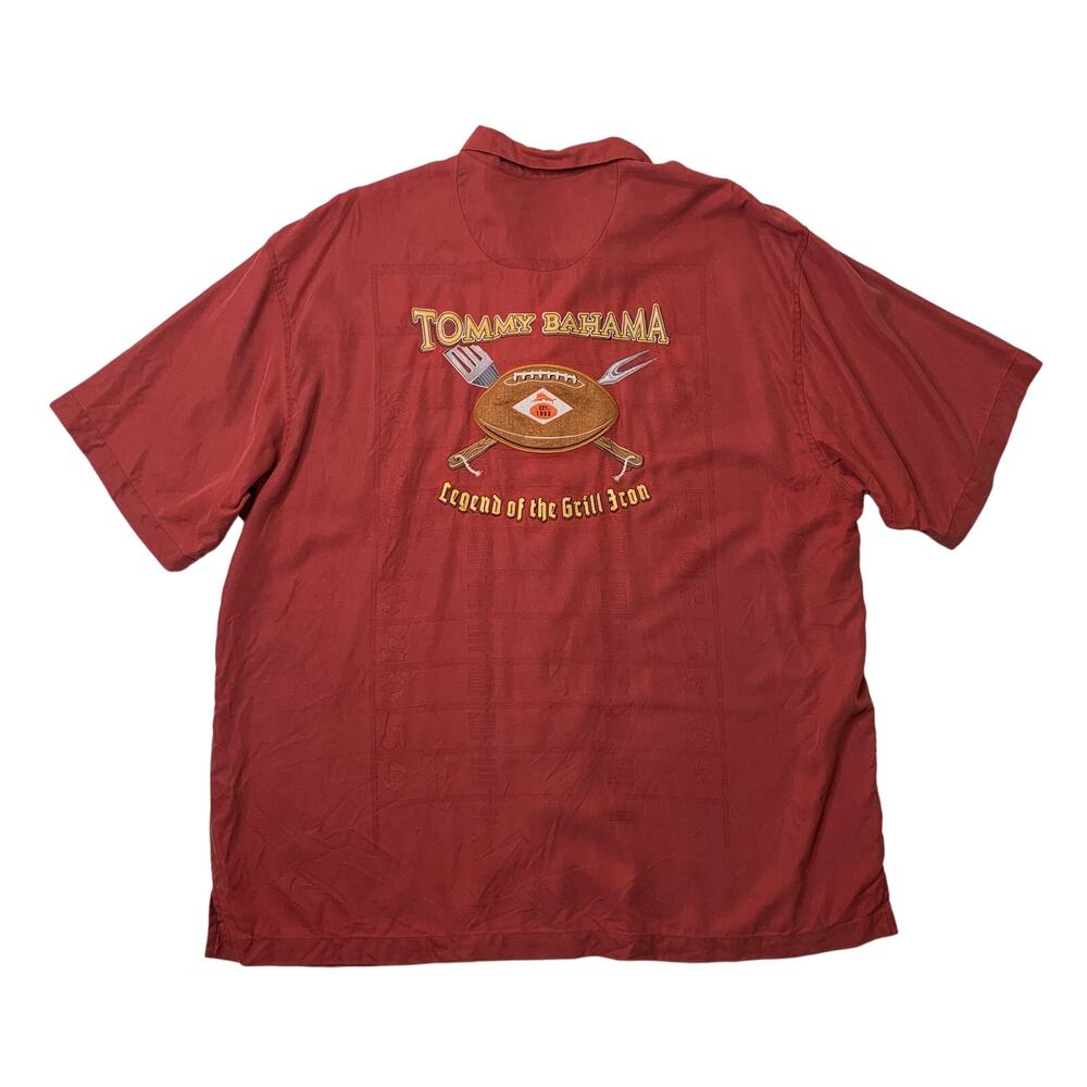 Tommy Bahama Shirt Mens XL Rich Red Silk Legend of the Grill Iron BBQ Football